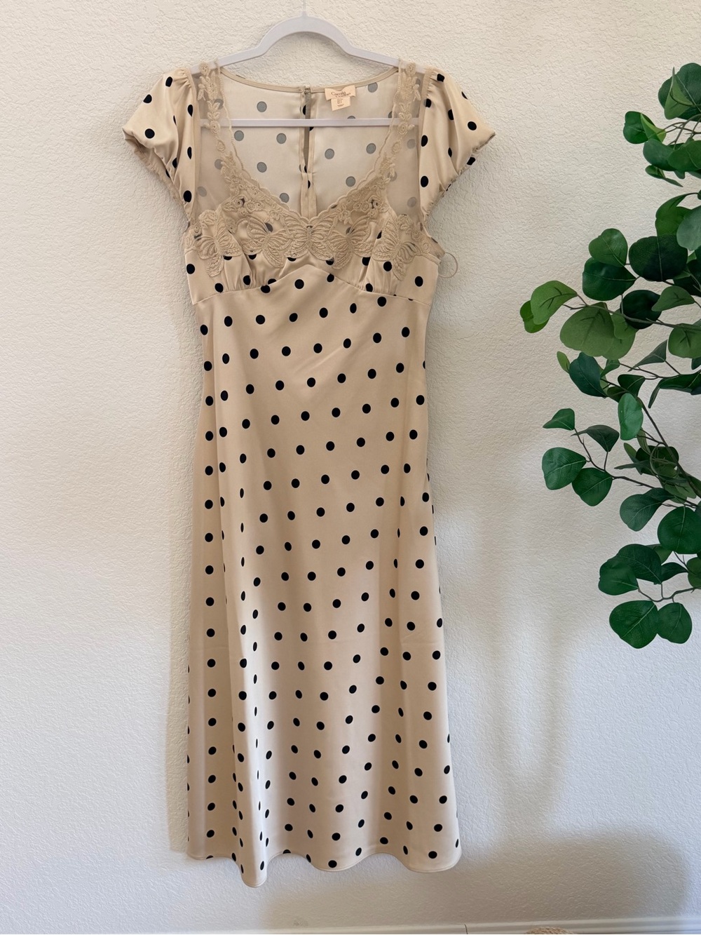 Camila Coelho Beige Polka Dot Midi Dress with Lace Trim